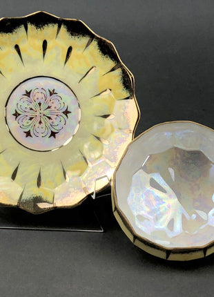 Antique Cup and Saucer Set by Royal Sealy China, Japan.  Three Footed Yellow Tea Set  with Iridescent Background.
