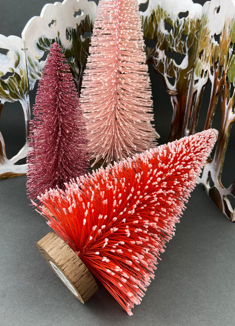 Bottlewasher Trees for Christmas Village or Display. Collection of Three Pink Pine Trees for Girl's Room or Home Decor.