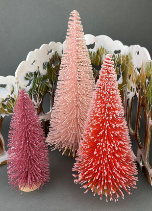 Bottlewasher Trees for Christmas Village or Display. Collection of Three Pink Pine Trees for Girl's Room or Home Decor.
