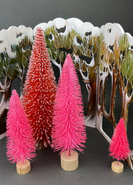 Bottlewasher Trees for Christmas Village or Display. Collection of Pink Pine Trees for Girl's Room or Home Decor. Set of Four.