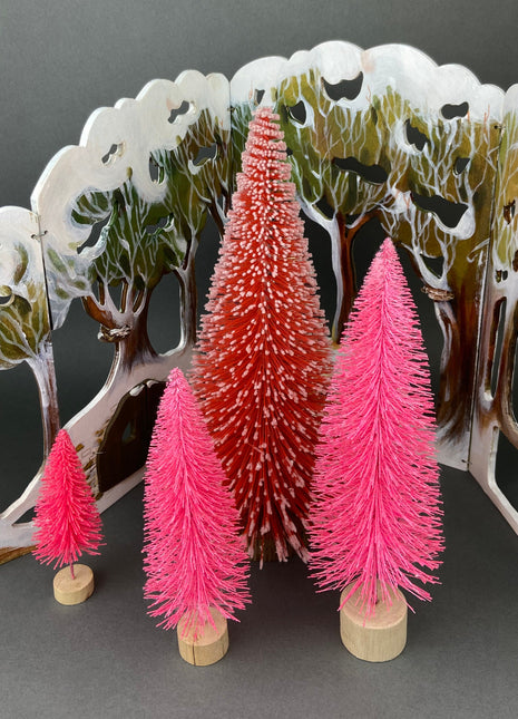 Bottlewasher Trees for Christmas Village or Display. Collection of Pink Pine Trees for Girl's Room or Home Decor. Set of Four.