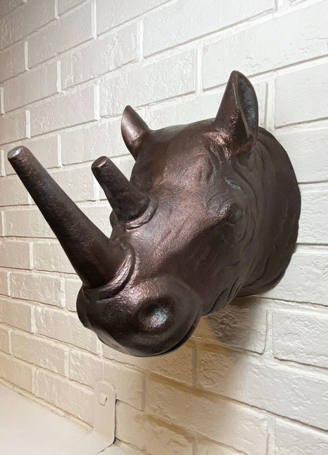 Rhino Bust Wall Hanging. Large Rhino Sculpture/Figurine. Distressed Bronze Wall Decor.