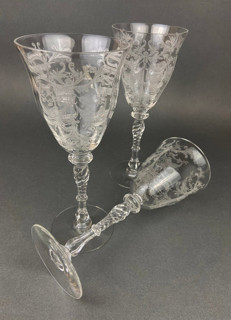 Tiffin Byzantine Crystal Goblets.  Vintage Etched Stemware.  Set of Three Collectible Goblets.