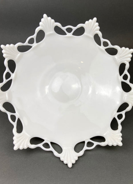 Milk Glass Bowl with Open Lace Edge. Large Footed Fruit or Candy Bowl. Westmoreland Collectible Display or Wedding Reception.