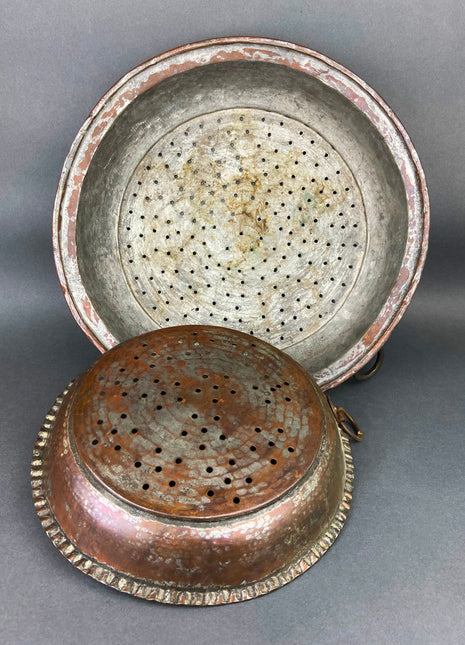 Antique Hand Hammered Copper Sieves. Set of Two, Large, Primitive Hand Pounded Strainers. Rustic Decor.