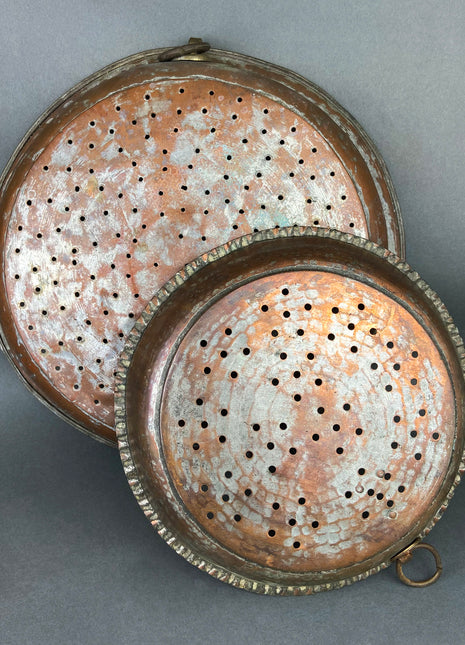 Antique Hand Hammered Copper Sieves. Set of Two, Large, Primitive Hand Pounded Strainers. Rustic Decor.