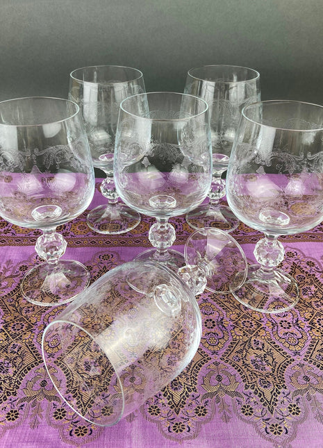 Vintage Crystal Wine or Juice Goblets. Bohemian Crystal by Crystalex. Queen's Lace Motif. Set of Six Etched Stem Glasses.