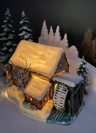 Illuminated Christmas Village House/Water Mill.  "Frozen Up" by Currier and Ives.  Collection of the Museum of the City of NY.