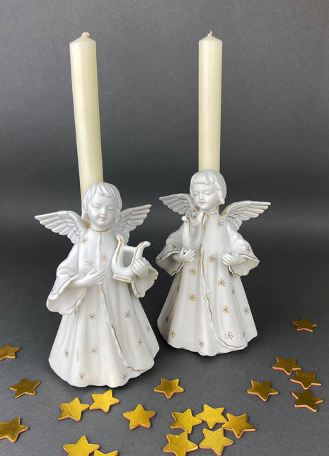 Angel Candle Stick Holders by Schmid Brothers. Set of Two Porcelain Angels Playing Harp. Made in Japan.
