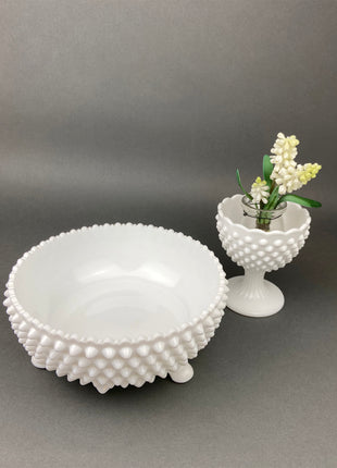 Milk Glass Bowl and Candy Dish. Hobnail Serving Dishes. White Table Centerpieces.