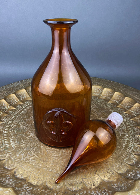 Vintage Bottle with Drop Shaped Stopper. Brown Decanter with Fleur de Lis Detail. Hand Blown Glass.
