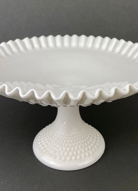 Milk Glass, Hobnail Footed Bowl. Large Serving Dish with Ruffled Edge. White Table Setting. Holiday Celebration.