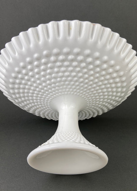 Milk Glass, Hobnail Footed Bowl. Large Serving Dish with Ruffled Edge. White Table Setting. Holiday Celebration.
