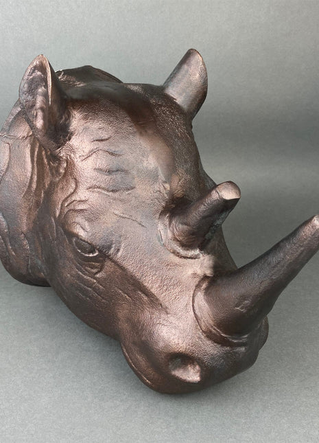Rhino Bust Wall Hanging. Large Rhino Sculpture/Figurine. Distressed Bronze Wall Decor.