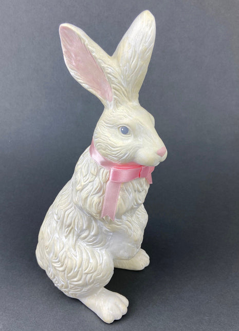 White Rabbit/Bunny Figurine with Pink Ribbon. Easter/Spring Celebration.