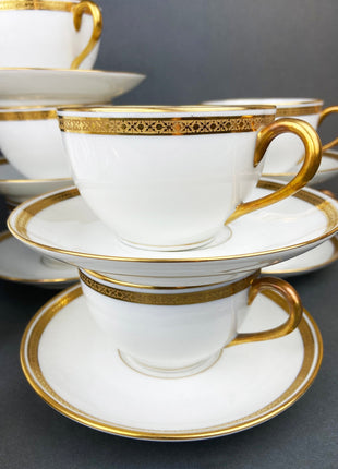 Antique Limoges Porcelain Tea Set. Set of Six Wedding Band Cups and Saucers, Teapot, Creamer and Sugar Bowl. Haviland, France.