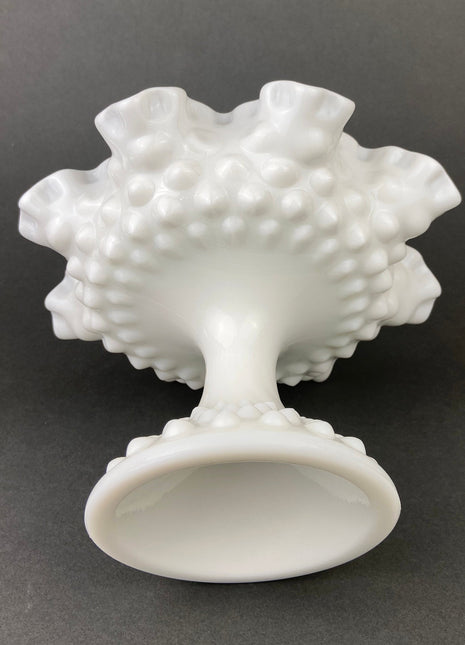 Milk Glass Candy Dish with Ruffled Edge. Vintage, Hobnail Trinket Dish. White Footed Bowl. Fine Tableware.