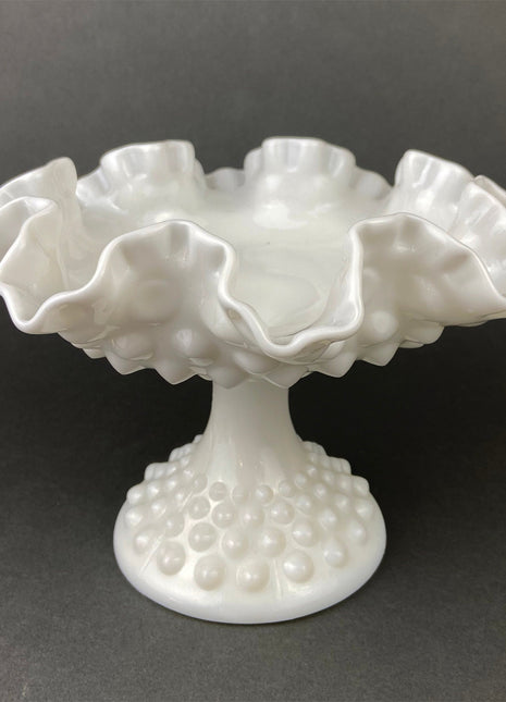 Milk Glass Candy Dish with Ruffled Edge. Vintage, Hobnail Trinket Dish. White Footed Bowl. Fine Tableware.