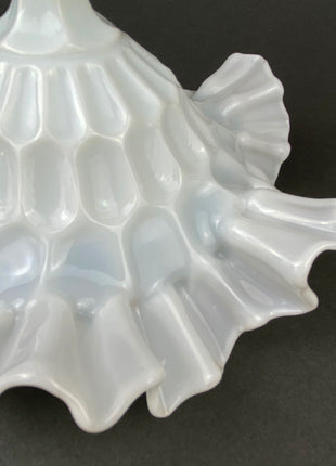 Milk Glass Candy Dish / Compote / White Trinket Dish with Ruffled Edge / Footed Bowl with Thumb Print Motif.