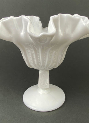 Fenton Milk Glass Candy Dish with Ruffled Edge.  Vintage, Hobnail Trinket Dish.  White Footed Bowl.