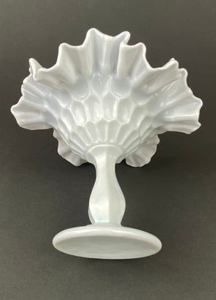 Fenton Milk Glass Candy Dish with Ruffled Edge.  Vintage, Hobnail Trinket Dish.  White Footed Bowl.