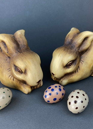 Vintage Bunny Figurines.  Pottery Bunnies in Earth Colors.  Set of Two Bunnies in Rustic Style.