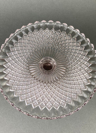 Vintage Glass Cake Stand.  Footed Lilac Glass Dessert or Pastry Display. Diamond Design with Scalloped Rim. Gift for Her.