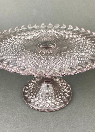 Vintage Glass Cake Stand.  Footed Lilac Glass Dessert or Pastry Display. Diamond Design with Scalloped Rim. Gift for Her.