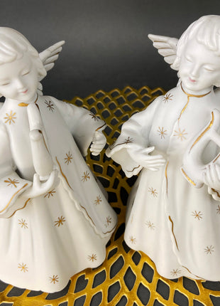 Angel Candle Stick Holders by Schmid Brothers. Set of Two Porcelain Angels Playing Harp. Made in Japan.
