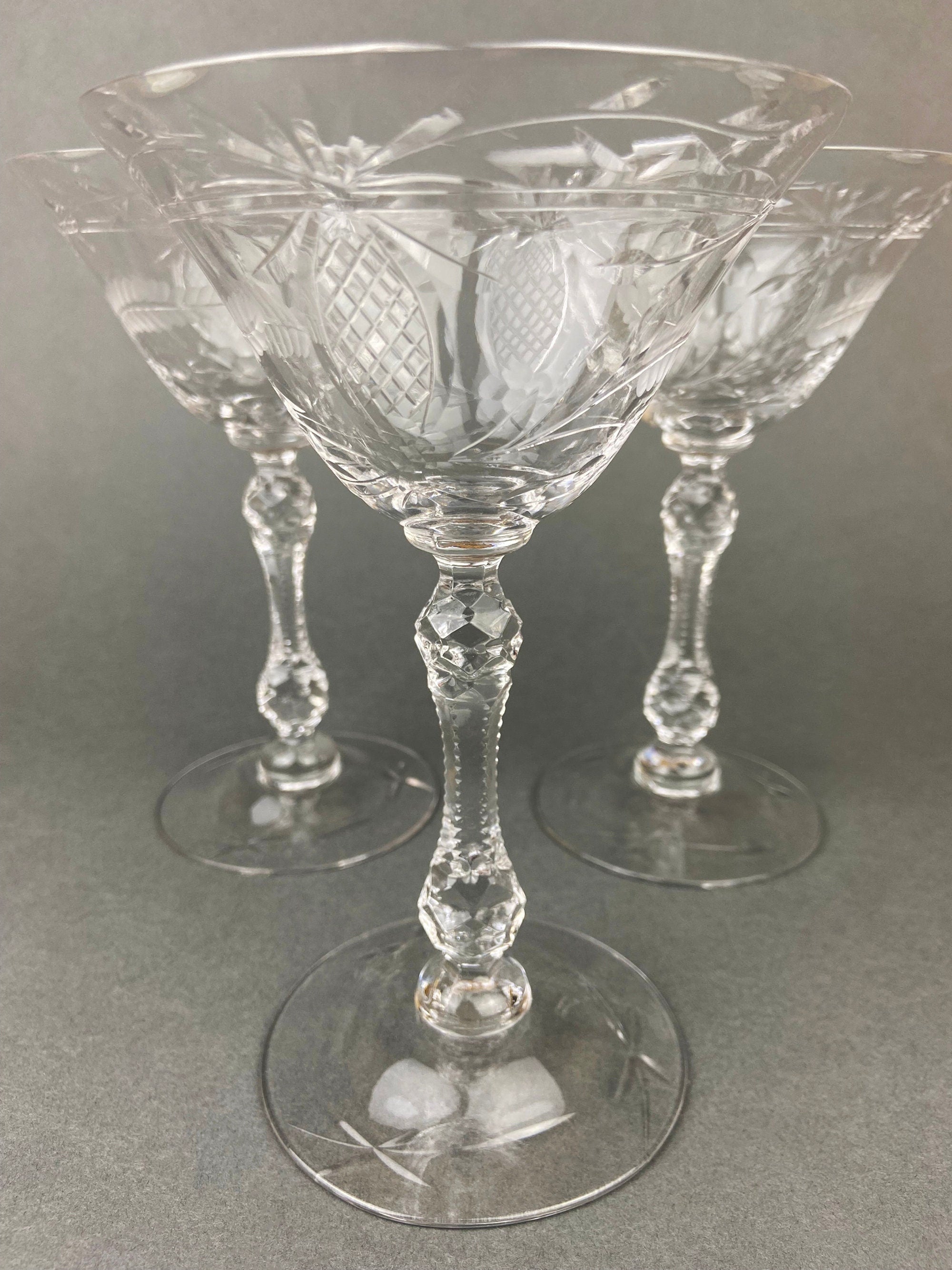 Set of 8 Cut Criss Cross Crystal Stem Champagne Glasses, Clear, Heavy,  Vintage