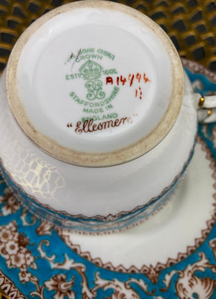 Vintage Tea Cup with Saucer. Crown Staffordshire Fine Bone China. Ellesmere Motif. Made in England.