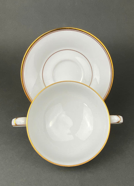 Vintage Porcelain Soup Bowls and Saucers. Wedding Band China by Noritake, Japan. Allison by Noritake. Set of Seven. Fine Tableware.