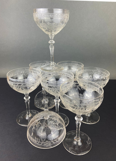 Vintage Cut Crystal Champagne Glasses. Set of 9 Vintage Glasses with Daisy Motif. Fine Stemware.