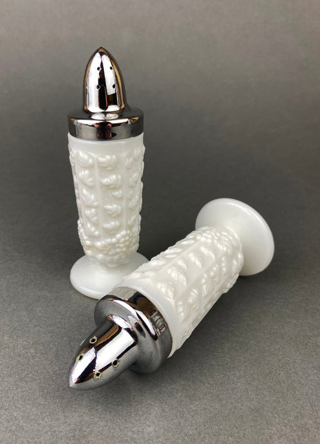 Milk Glass Salt and Pepper Shakers. Grape Vine Motif.