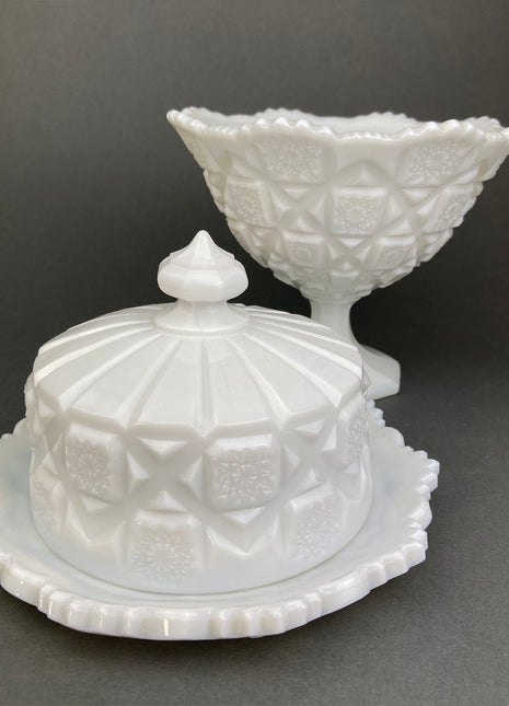 Milk Glass Serving Dishes. Waffle Pattern Footed Bowl and Matching Butter Dish. Scalloped Edge Design. Modern Table Centerpieces.