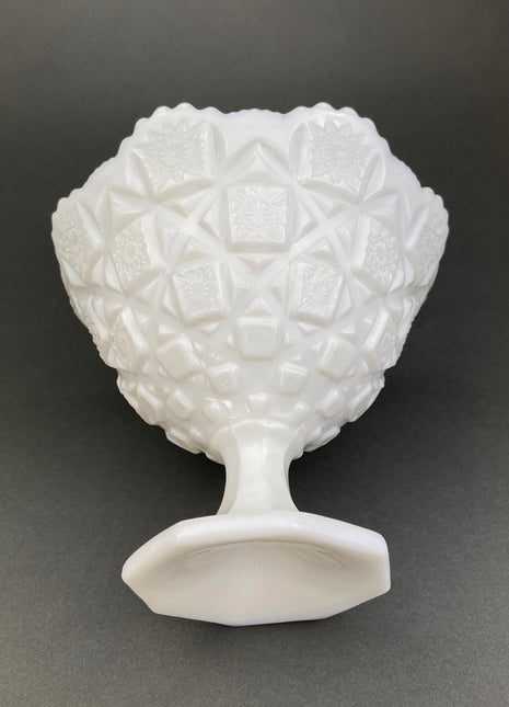 Milk Glass Serving Dishes. Waffle Pattern Footed Bowl and Matching Butter Dish. Scalloped Edge Design. Modern Table Centerpieces.