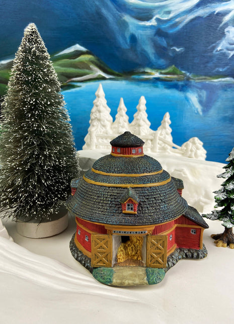 Village Accessories by Lang and Wise. Red Round Barn. Town Hall Collectibles. Artwork of Linda Nelson Stock.