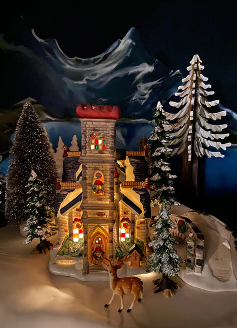 Christmas Village Accessories by St. Nicholas Square. Illuminated Stone Church. Porcelain Lighted House.