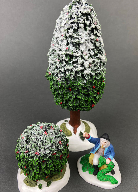 Christmas Village Accessories. Christmas Trees. Holly Tree and Matching Bush. Set of Two. Holiday Decor.