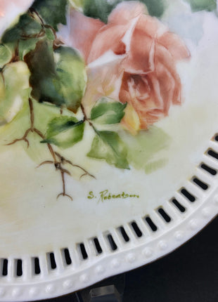 Vintage Serving or Decorative Plate. Hand Painted Porcelain Plate. Rose Motif. Wall Hanging Plate with Reticulated Rim.