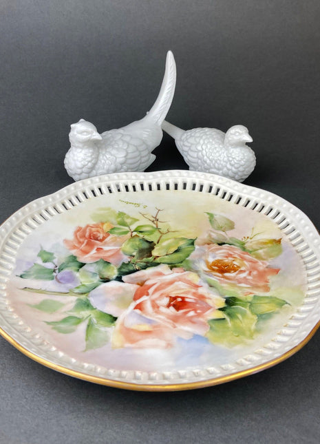Vintage Serving or Decorative Plate. Hand Painted Porcelain Plate. Rose Motif. Wall Hanging Plate with Reticulated Rim.