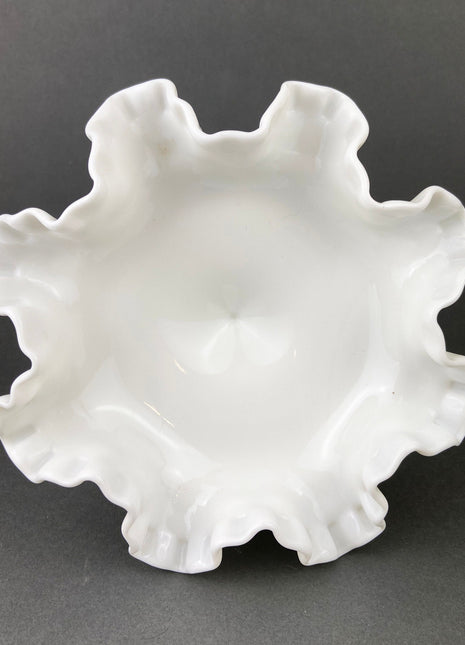 Milk Glass Candy Dish with Ruffled Edge. Vintage, Hobnail Trinket Dish. White Footed Bowl. Fine Tableware.