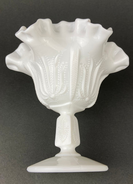 Milk Glass Candy Dish with Ruffled Edge. Vintage, White Trinket Dish. Footed Bowl with Floral Motif.