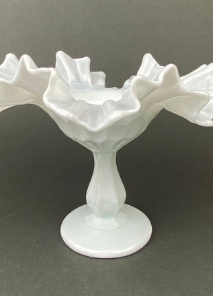 Milk Glass Candy Dish / Compote / White Trinket Dish with Ruffled Edge / Footed Bowl with Thumb Print Motif.