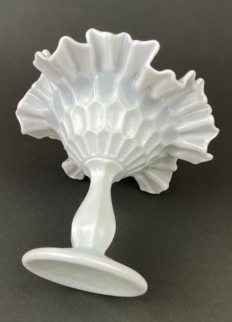 Milk Glass Candy Dish / Compote / White Trinket Dish with Ruffled Edge / Footed Bowl with Thumb Print Motif.