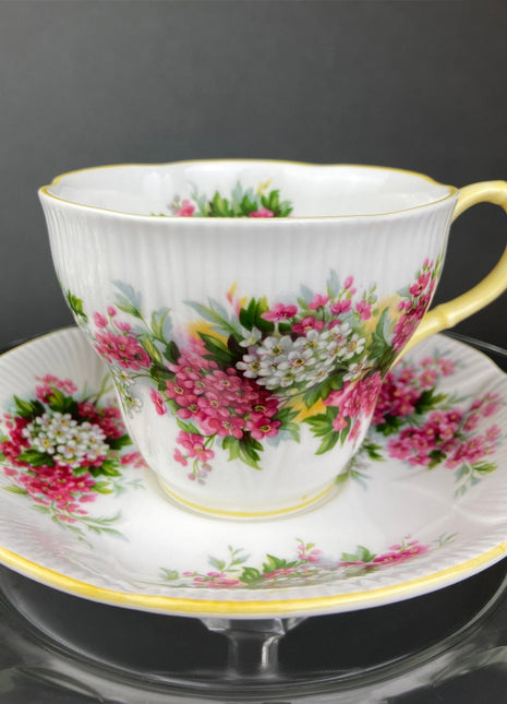 Vintage Royal Albert Cup and Saucer. Blossom Time Series, Hawthorn. Yellow Handle and Rims.