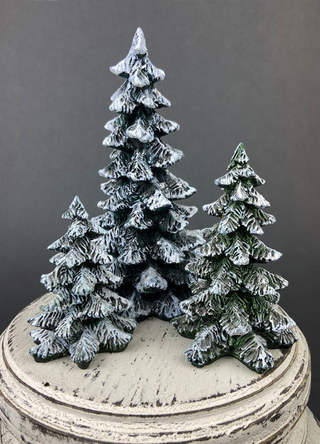 Christmas Village Accessories by Departmet 56. Set of Three Snow Covered Pine Trees. Three Different Sized Spruces. Holiday Decor.