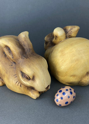 Vintage Bunny Figurines.  Pottery Bunnies in Earth Colors.  Set of Two Bunnies in Rustic Style.