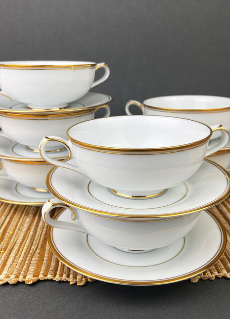 Vintage Porcelain Soup Bowls and Saucers. Wedding Band China by Noritake, Japan. Allison by Noritake. Set of Seven. Fine Tableware.