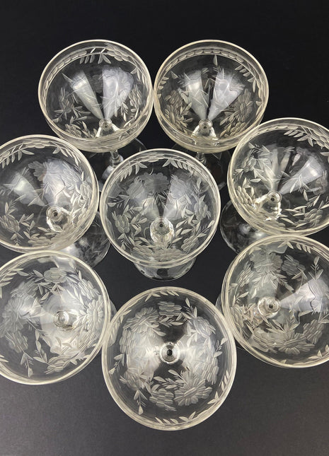 Vintage Cut Crystal Champagne Glasses. Set of 9 Vintage Glasses with Daisy Motif. Fine Stemware.